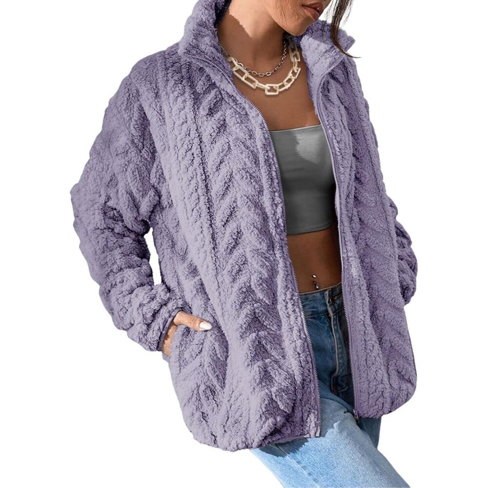 Women's Cozy Winter Orchid Petal Fluffy Fleece Jacket Vest Coat Zipper 2 Pockets